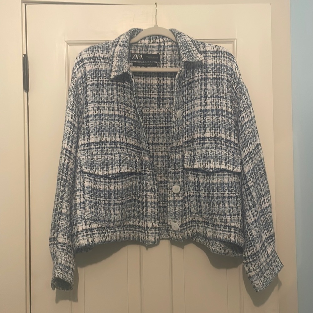 Zara blue and white woven jacket